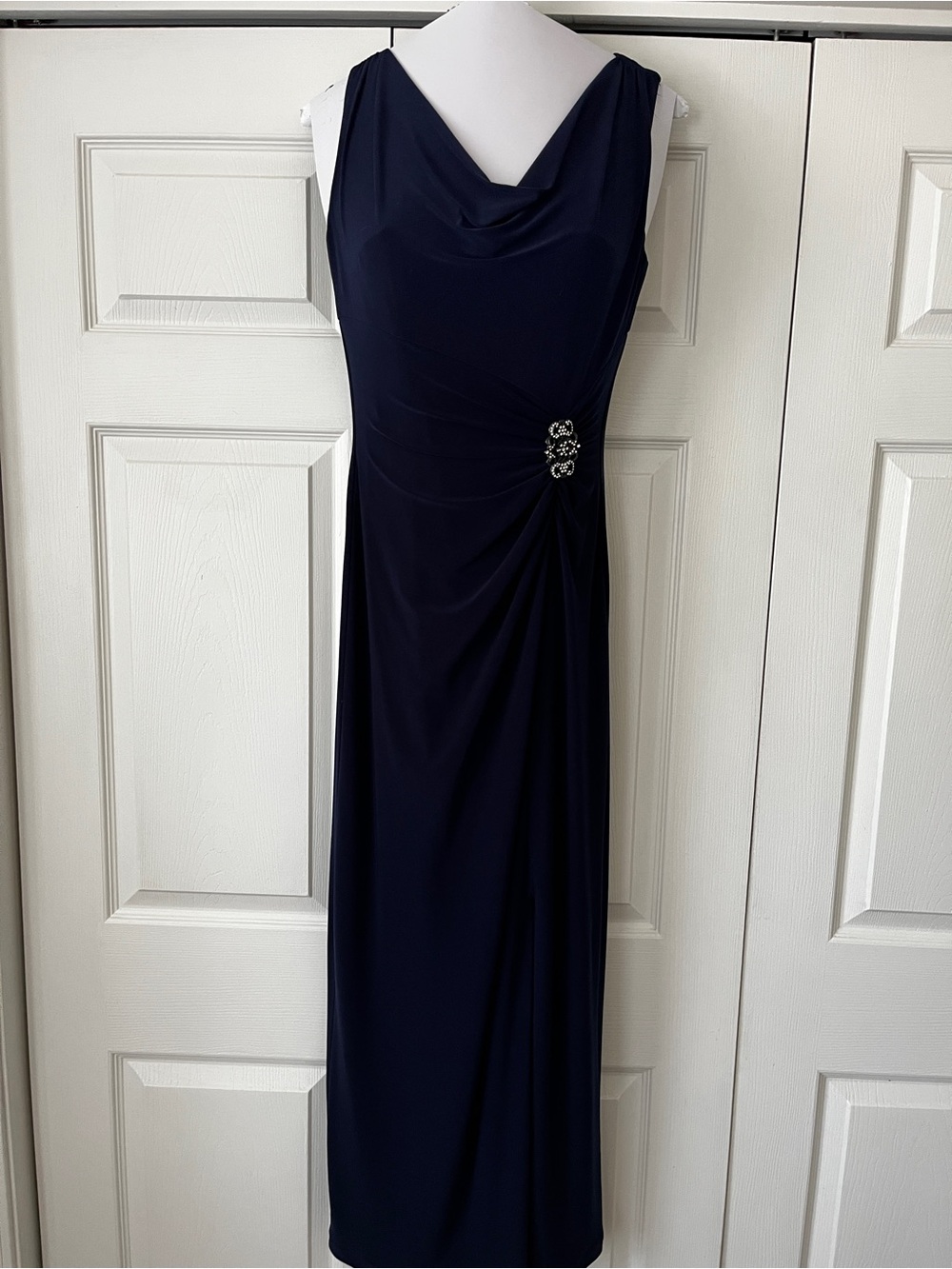 Ralph Lauren Navy Cowl Neck Maxi Dress with Side Jewel Accent